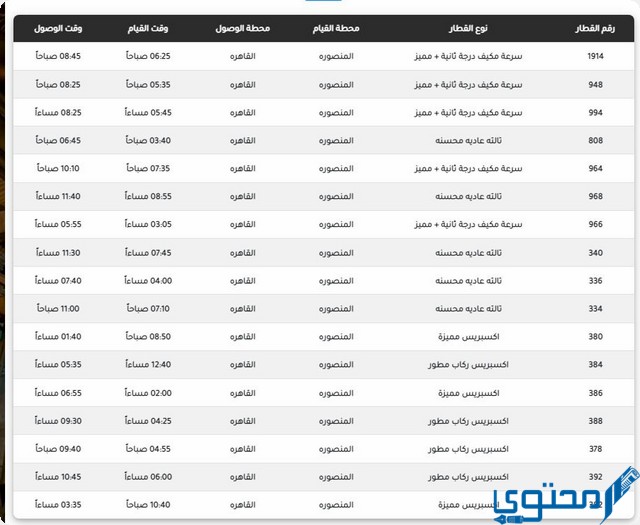 مواعيد قطارات القاهرة المنصورة