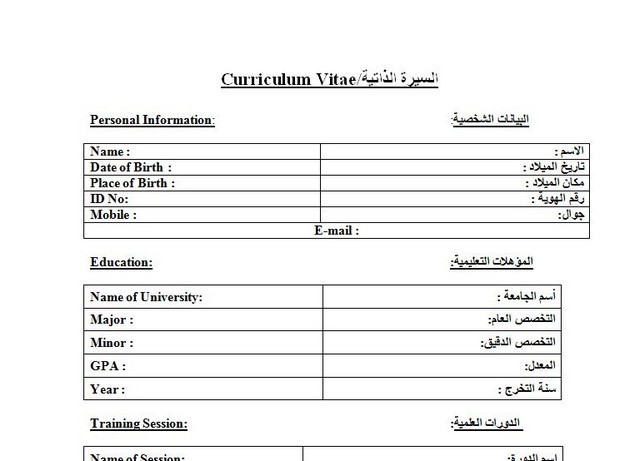 نموذج سيرة ذاتية بالعربية